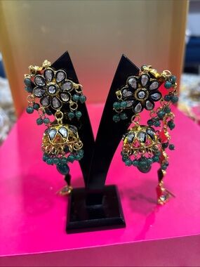 Gold & Green Floral Kundan Jhumka Earrings - Women Jewelry